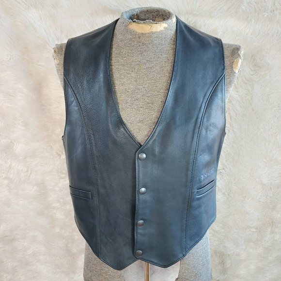 Vintage Suzuki Men's Black Leather Biker Vest by Harama Design Siz 44 - Picture 1 of 8